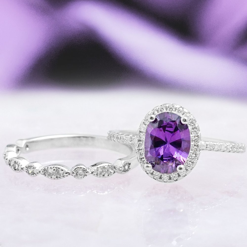 Purple Amethyst Ring Set, 925 Sterling Silver Charmed Aroma